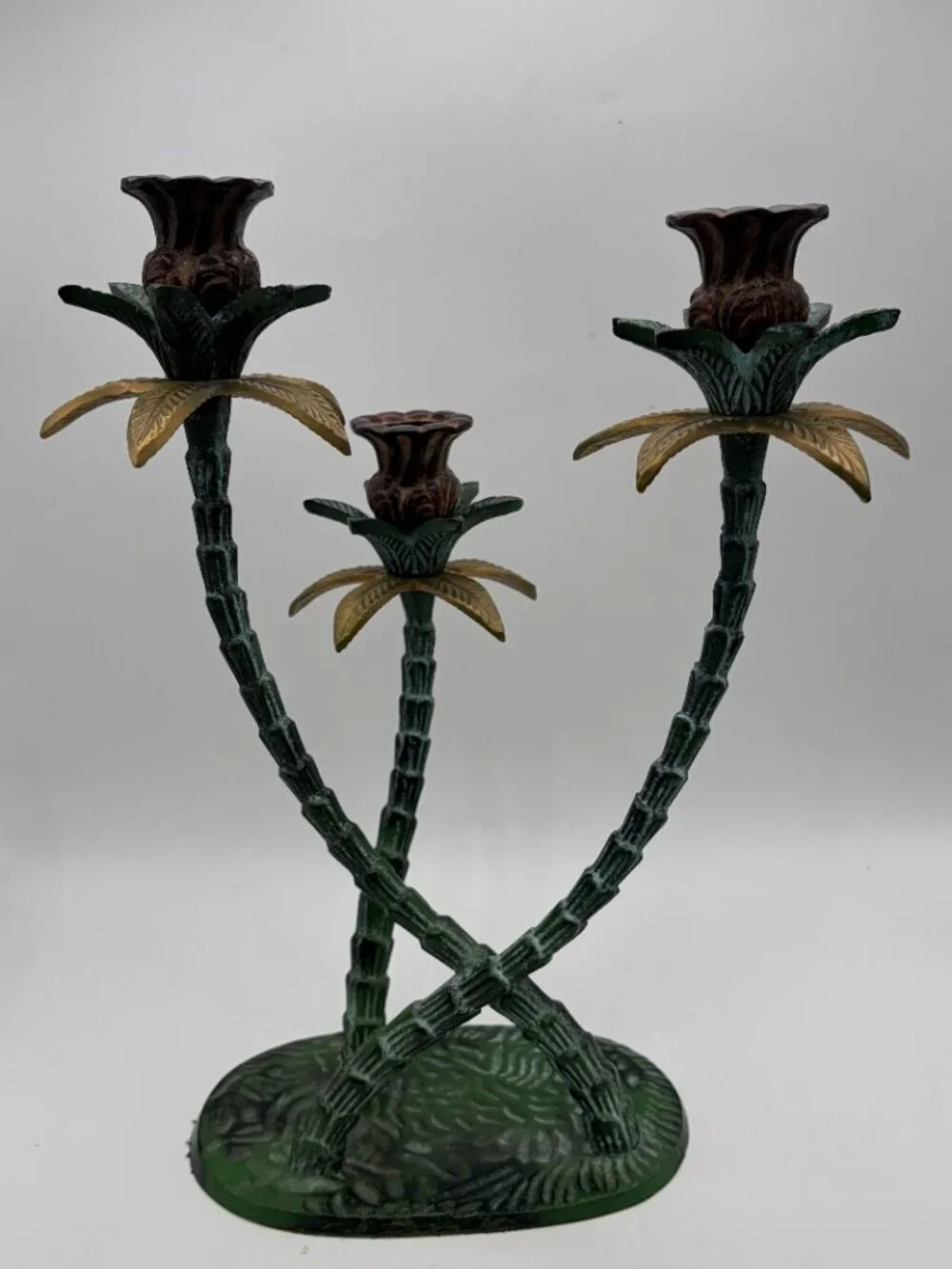 Vintage 1970s Tropical Palm Tree Cast Iron Candelabra Candle Holder